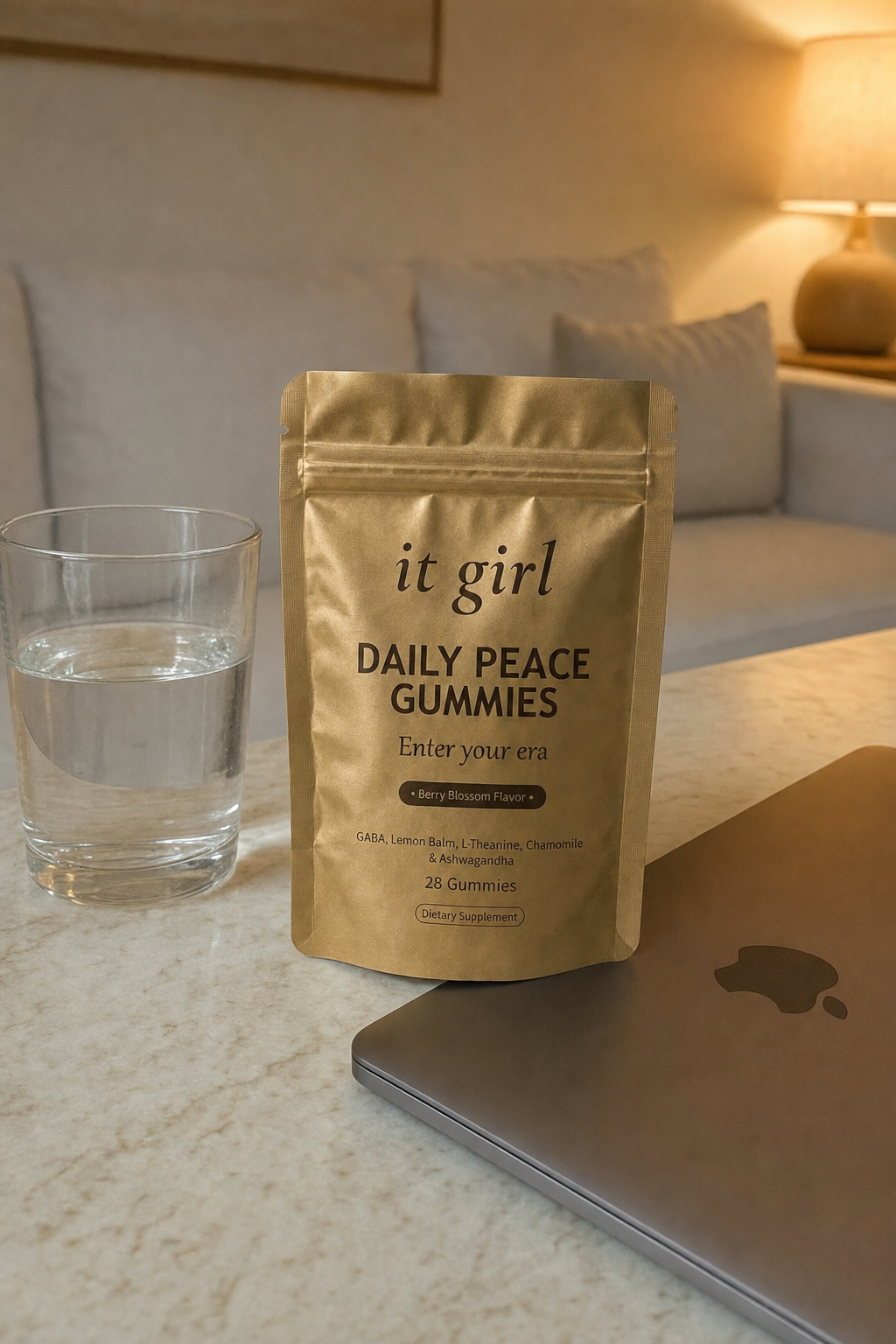 The real matte gold It Girl Daily Peace pouch on a warm cream kitchen counter in soft evening light beside a single glass of water and a closed laptop, the calm signal handed back without the drink at the six o'clock hour