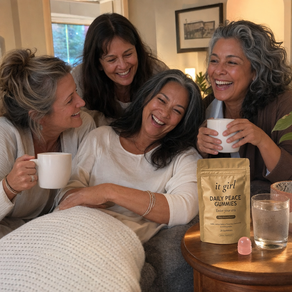Warm candid group of real women aged fifty to sixty-five laughing together in a sunlit living room with tea and water, a gold It Girl Daily Peace pouch resting nearby, the women who stopped reaching