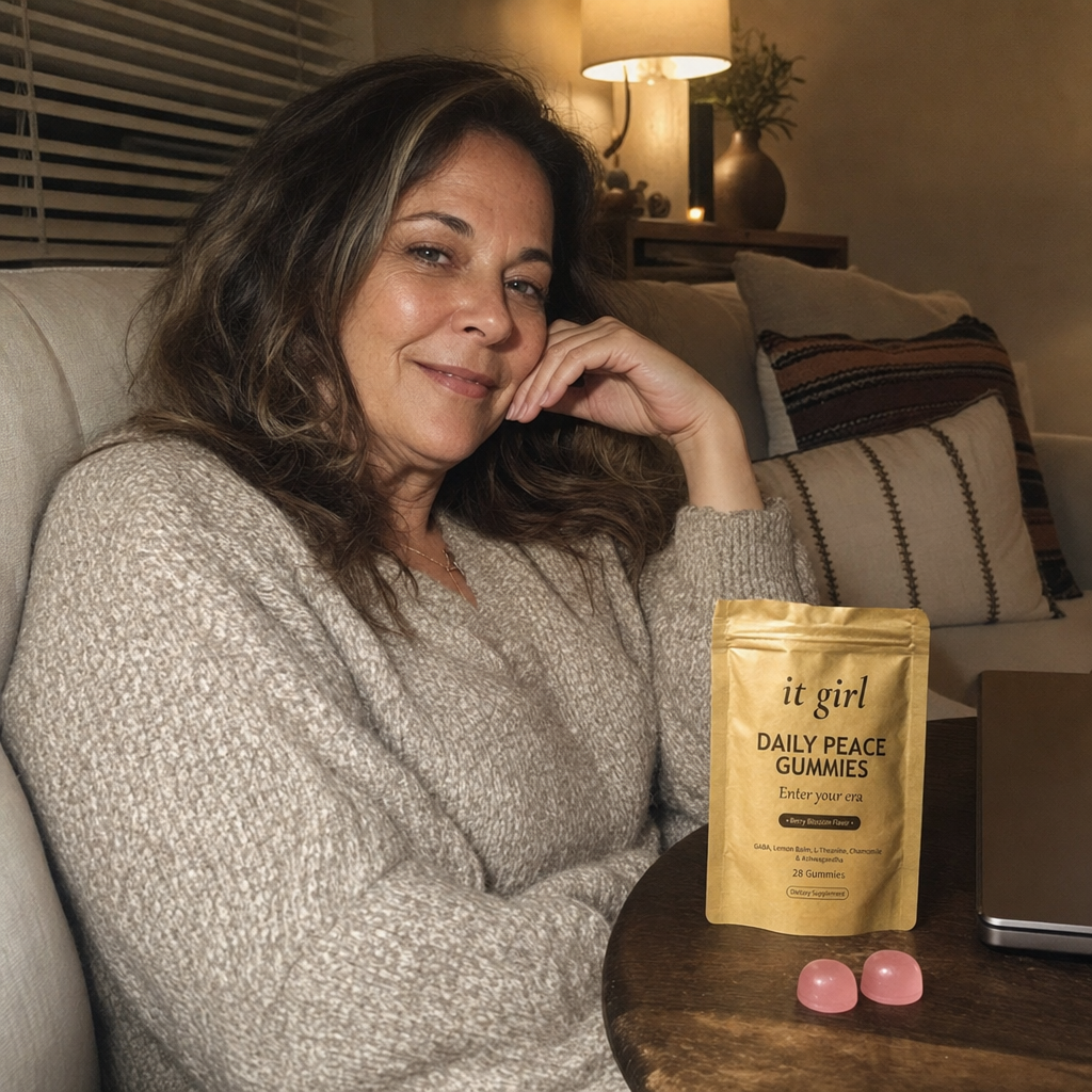 Real woman in her late fifties relaxed on her couch in the evening with the laptop closed, the gold It Girl Daily Peace pouch and a few gummies on the side table, the day finally letting go