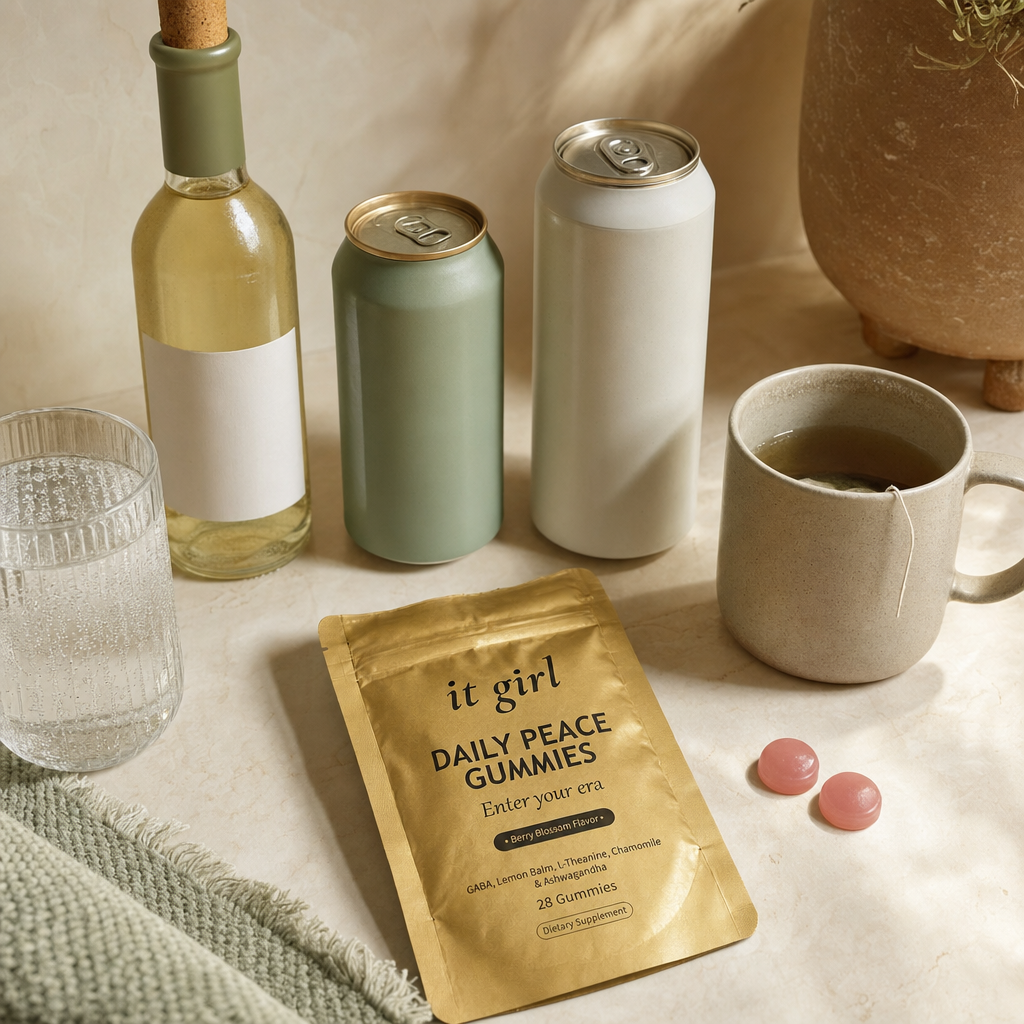 Flat-lay of the untouched swaps, a corked alcohol-free wine bottle, two adaptogen drink cans, a sparkling water and a cold mug of tea, set apart from the real gold It Girl Daily Peace pouch that actually works