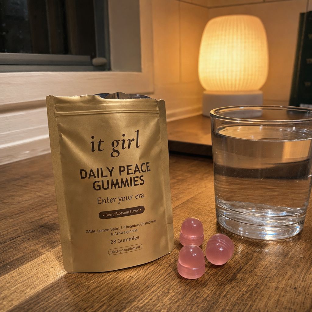 The opened matte gold It Girl Daily Peace pouch with two pink gummies and a glass of water on a warm counter under a dimmed lamp, the calm off-switch handed back directly