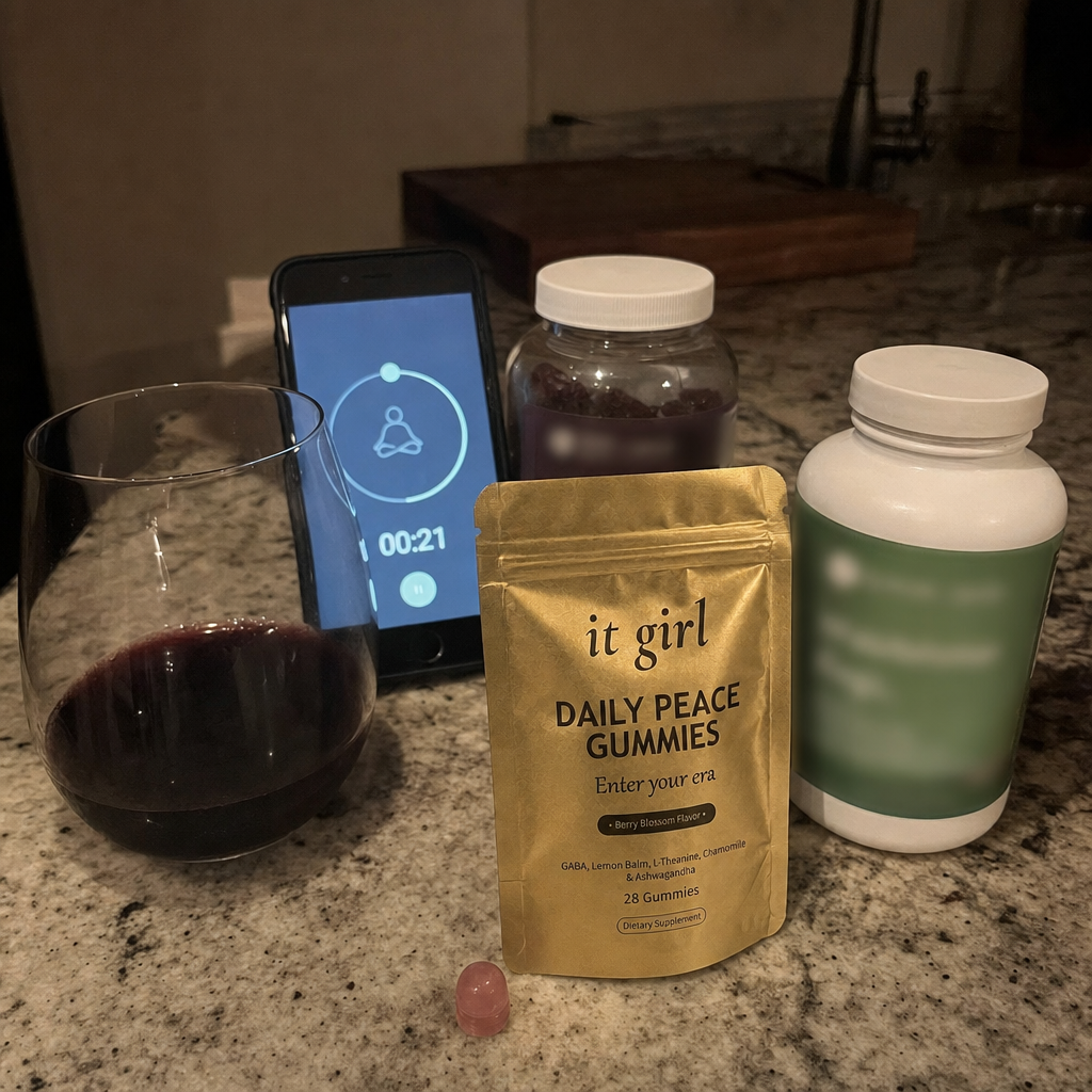 A kitchen counter of the failed swaps with logos blurred, a half-finished glass of wine, a meditation app glowing on a phone, a melatonin jar and a magnesium bottle, and the real gold It Girl Daily Peace pouch set upright apart as the one thing that finally worked