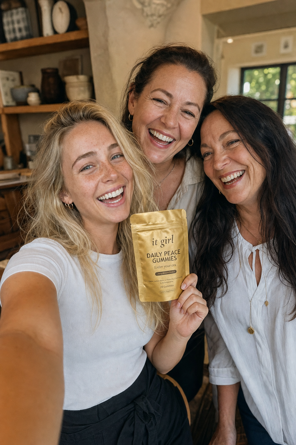 Warm candid arm's-length group selfie of Nessa the young blonde wine-shop cashier and two laughing women regulars in their forties and fifties, holding up the gold It Girl Daily Peace pouch in frame, in a cozy warm-lit setting
