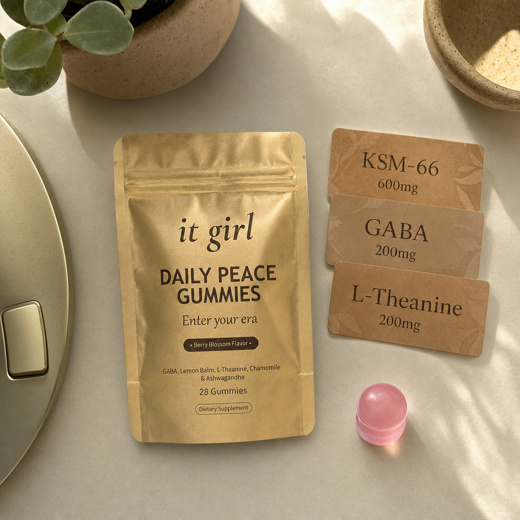 Three warm dose cards reading KSM-66 600mg, GABA 200mg, L-Theanine 200mg beside a single gummy on a cream surface, the studied dose