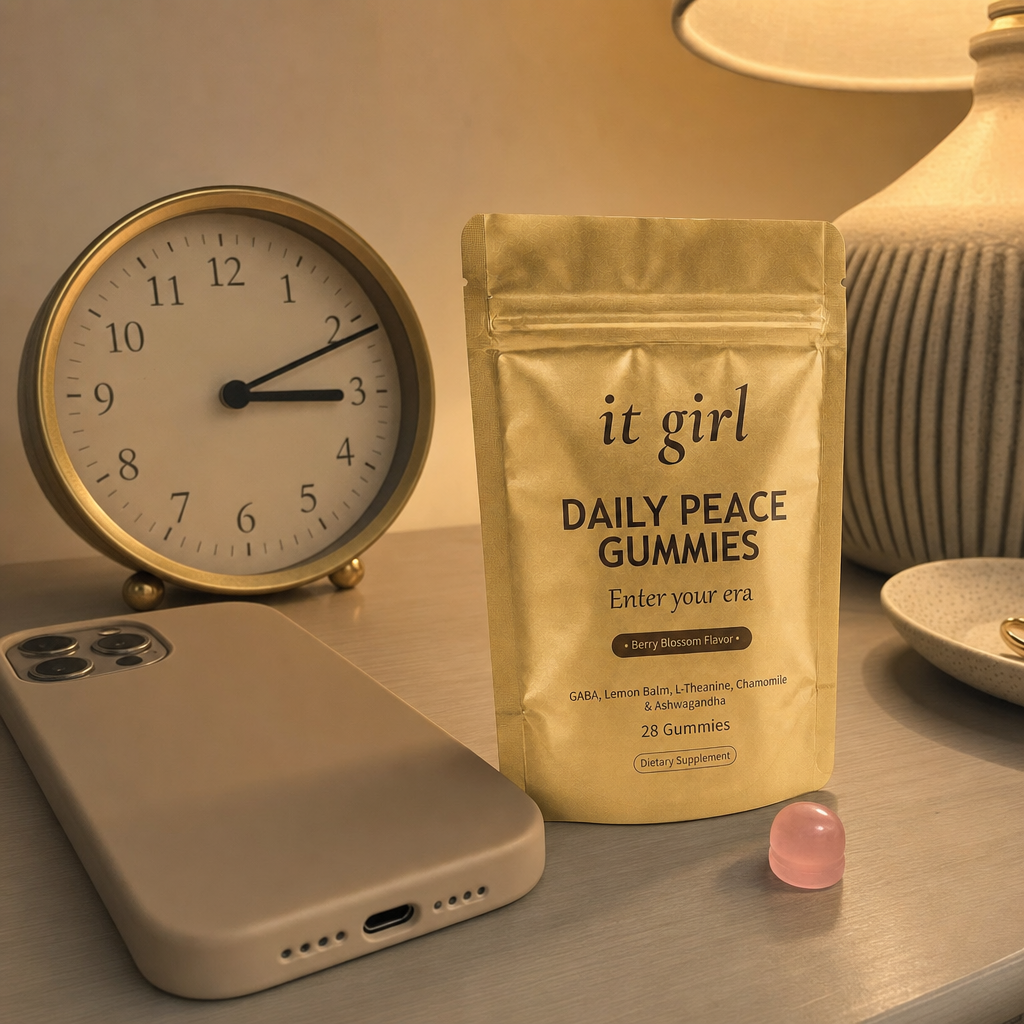 A 3am clock and a face-down phone on a nightstand beside the real It Girl Daily Peace pouch and a single gummy, the off-switch refilled.