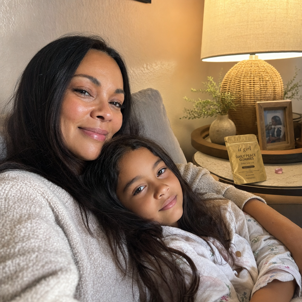 A rested woman in early-evening light with her young child leaning into her lap, the opened It Girl pouch resting nearby.