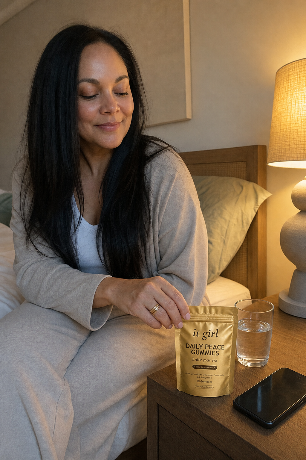 A rested woman on the edge of her bed in warm evening light, phone face-down, the real It Girl Daily Peace pouch on the nightstand beside a glass of water.
