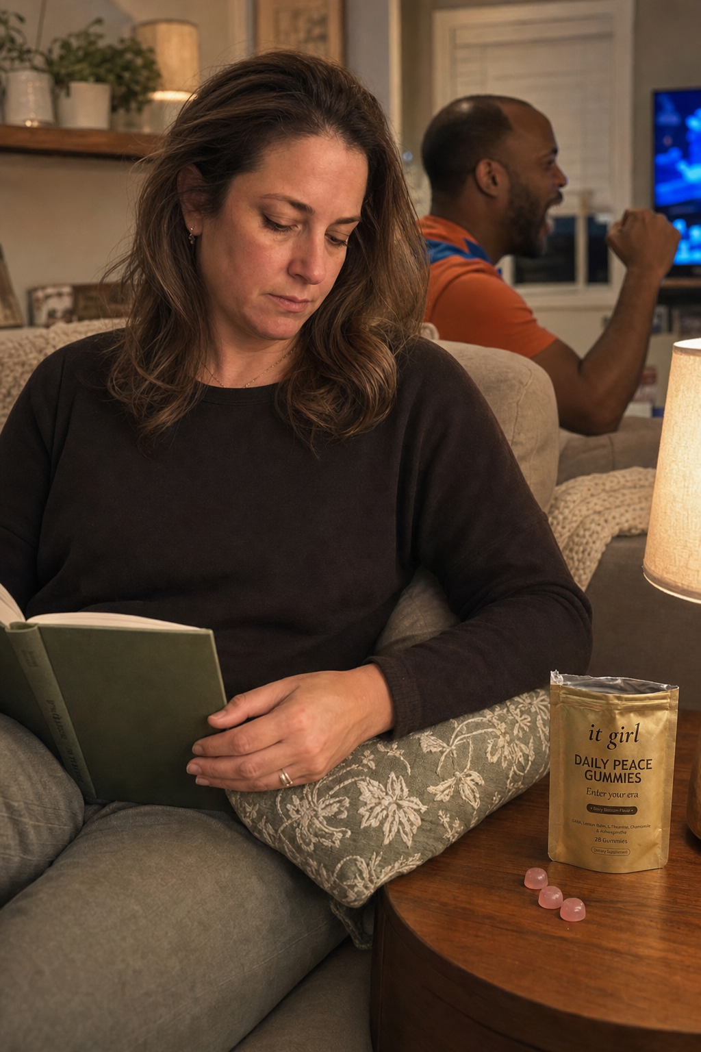 Calm done-up mom sitting back relaxed on her own couch during a blaring game, shoulders down, the real palm-sized gold It Girl Daily Peace pouch torn open with loose pink gummies on the side table beside her, her husband still animated out of focus behind her