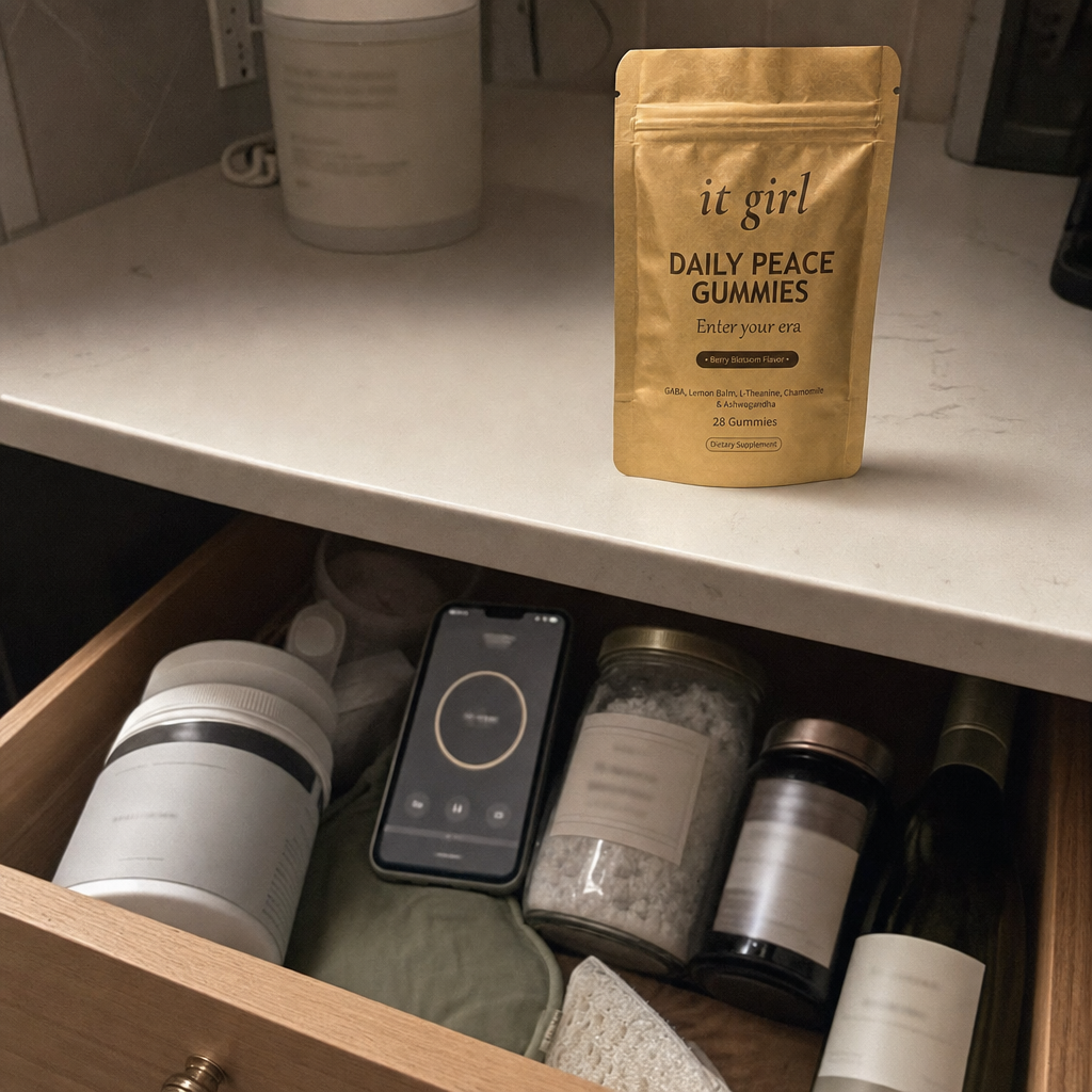 A relax-drawer graveyard, magnesium powder, a meditation app glowing on a phone, a bath soak and a sleep-supplement jar with labels blurred, and the real gold It Girl Daily Peace pouch sitting upright above the drawer as the one thing that finally worked