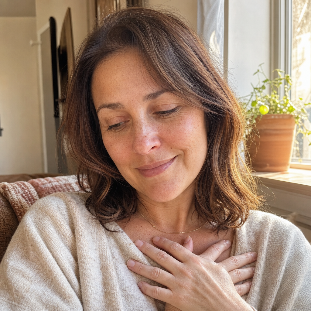 Mom about forty in a quiet moment of self-forgiveness, both hands resting over her own heart in soft warm morning light, the years of self-blame lifting