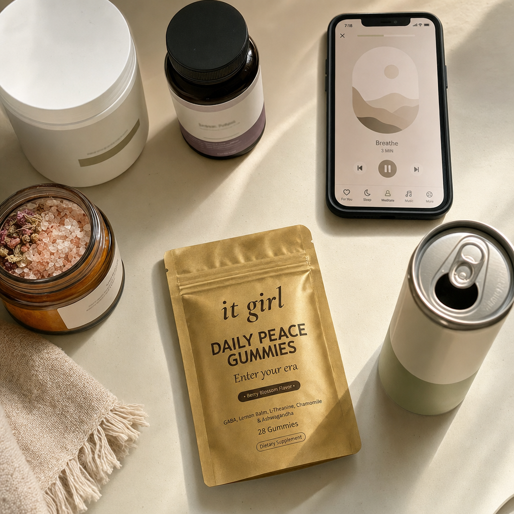 Cream counter of the relax-drawer swaps pushed aside, a magnesium bottle, a sleep-supplement bottle, a phone showing a meditation app, a bath-soak jar, a non-alcoholic wine can, with the gold Daily Peace pouch forward and chosen