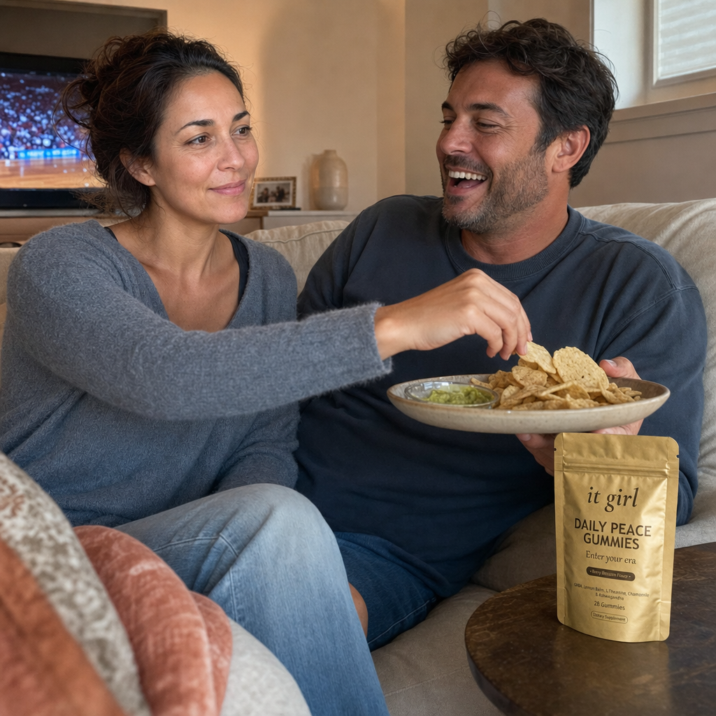 The same working mom back in her own living room on game night, done-up and laughing as she steals a chip off her husband's plate, the gold Daily Peace pouch resting on the side table