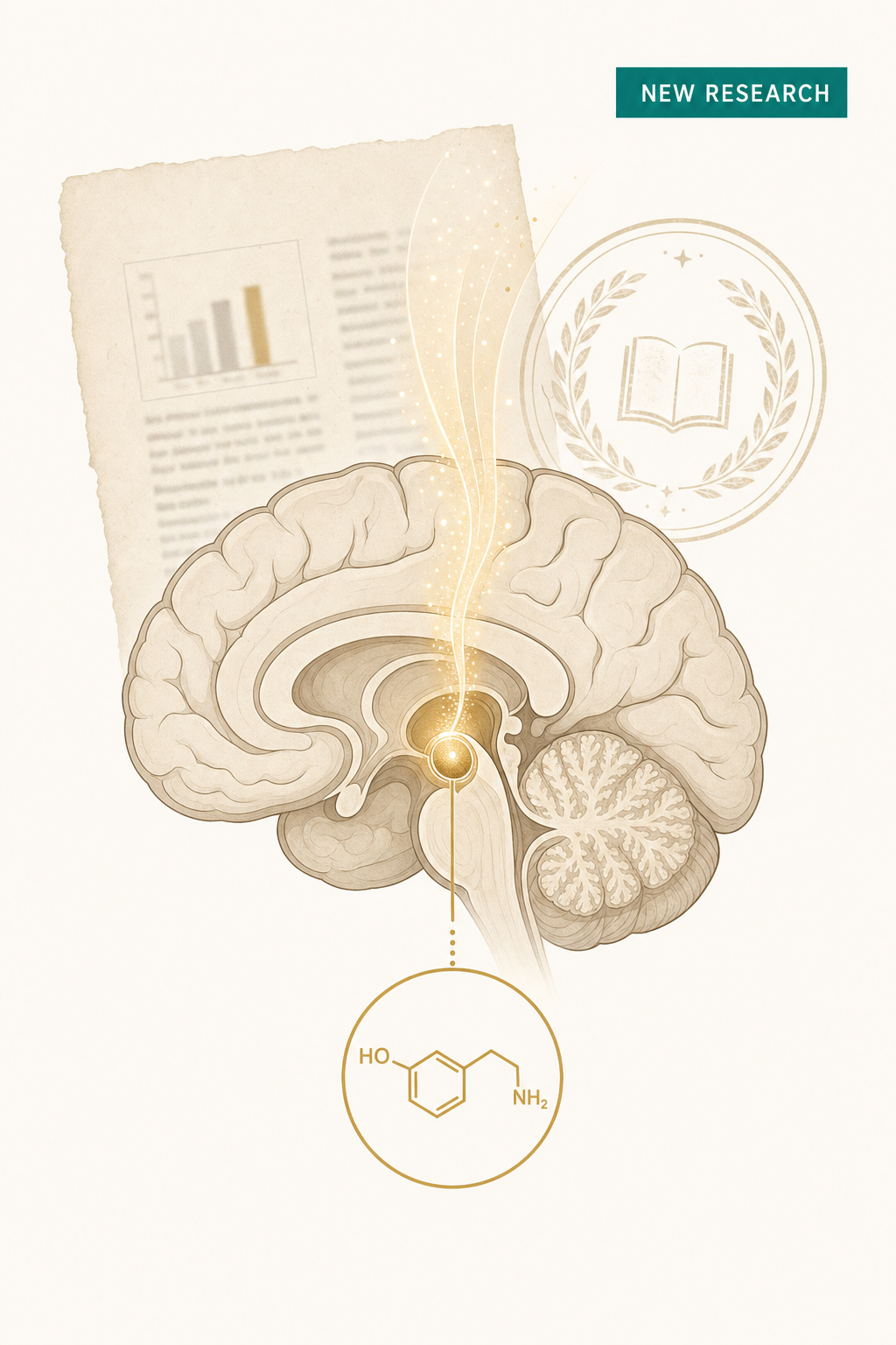 Editorial infographic of a brain off-switch and a glowing gold calm signal rising over an aged research page, no people and no product