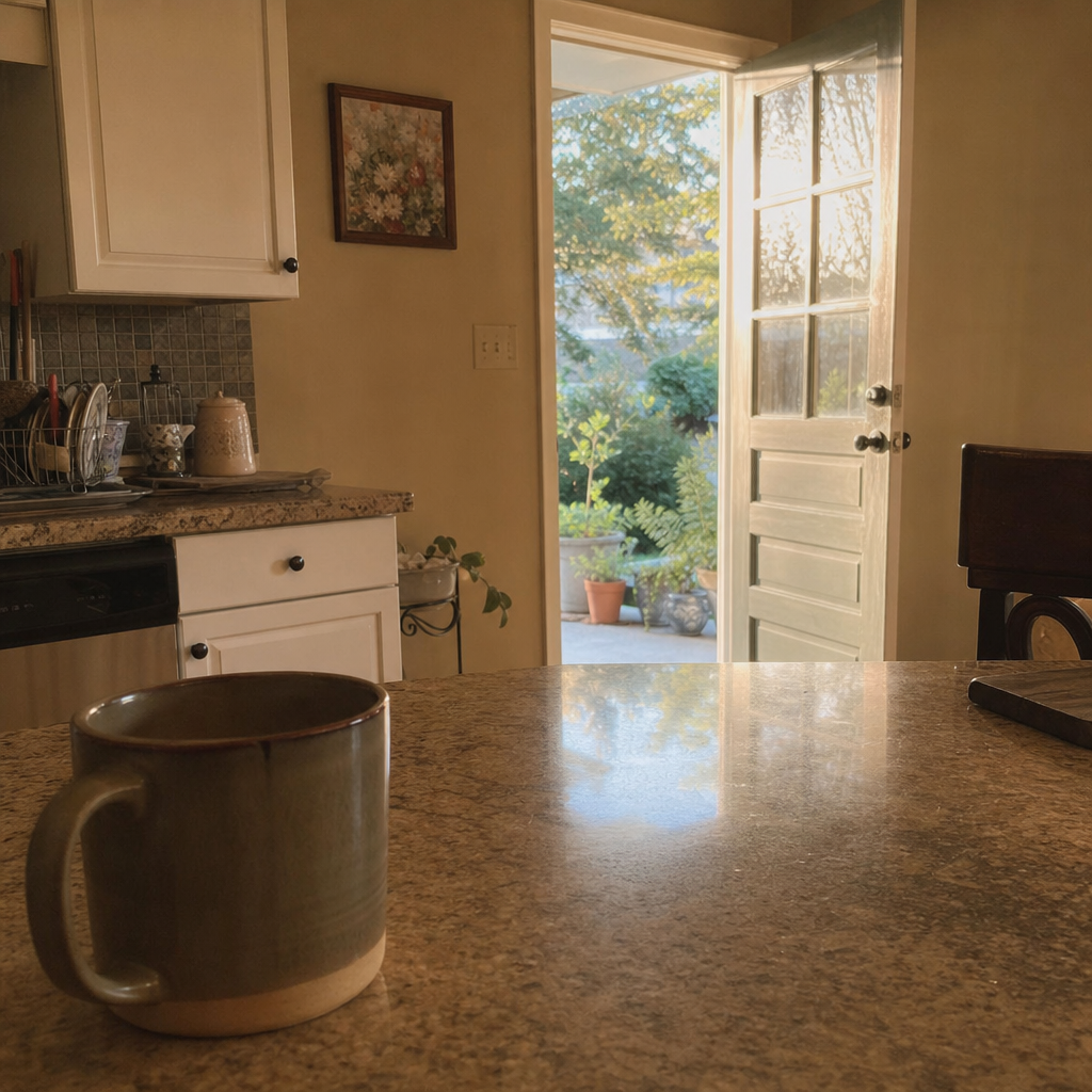 Editorial still life of a quiet open back door letting soft morning light into a calm kitchen with a single mug, no people and no product