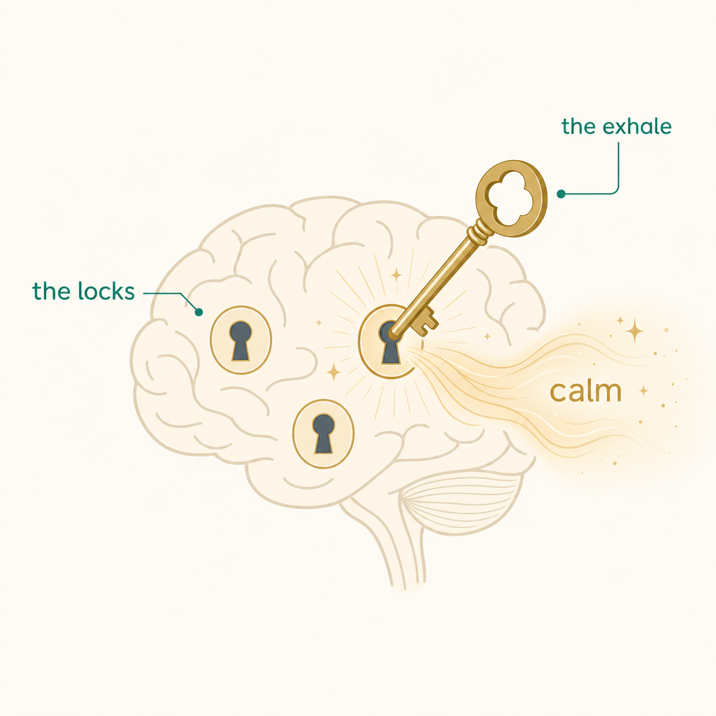 Editorial infographic of tiny receptor locks in the brain opening as a gold key turns and releases a soft calm glow, short labels only, no people
