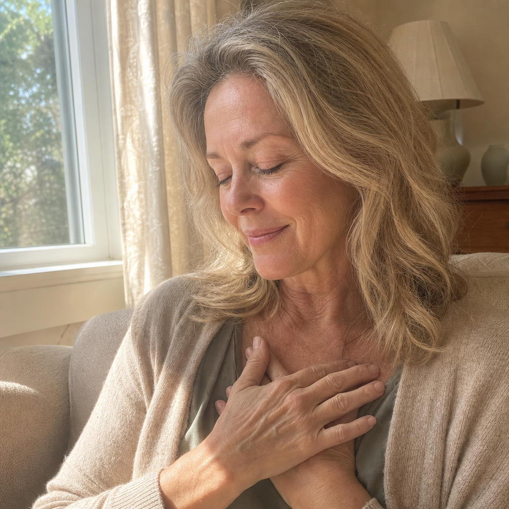 Woman in her late forties in a quiet candid moment of self-forgiveness, both hands resting over her own heart in soft warm morning light, the years of self-blame lifting