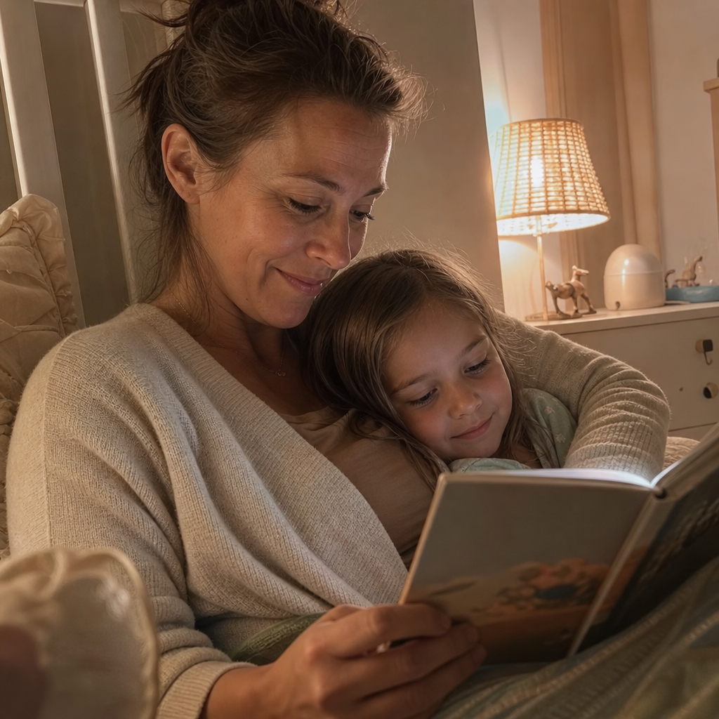 Mom in her forties reading a bedtime story to her child, both calm and fully present, no part of her counting down to the door, soft warm lamp light, the guilt lifting