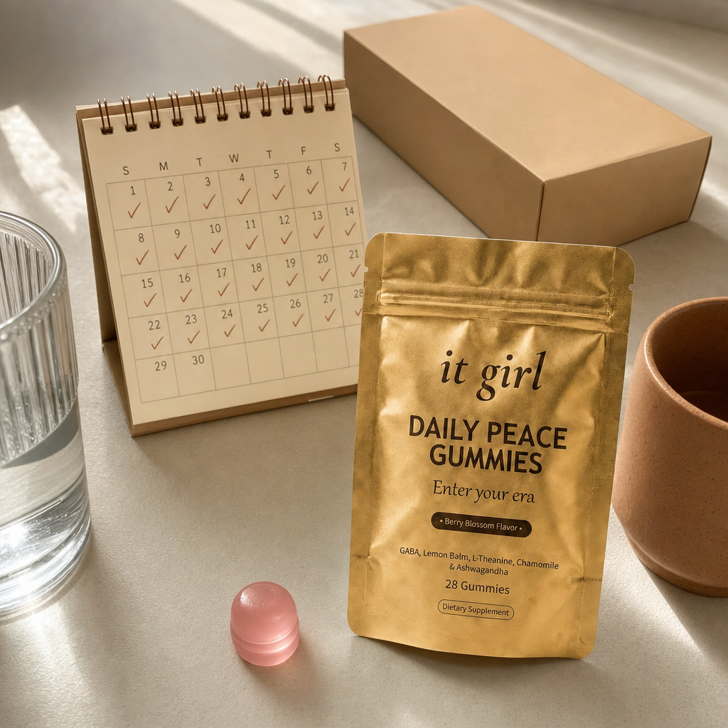 The palm-sized gold It Girl Daily Peace pouch and a month calendar in sharp focus on a cream surface, one plain unbranded box soft-focused behind them, a whole month of calm for less than the habit costs