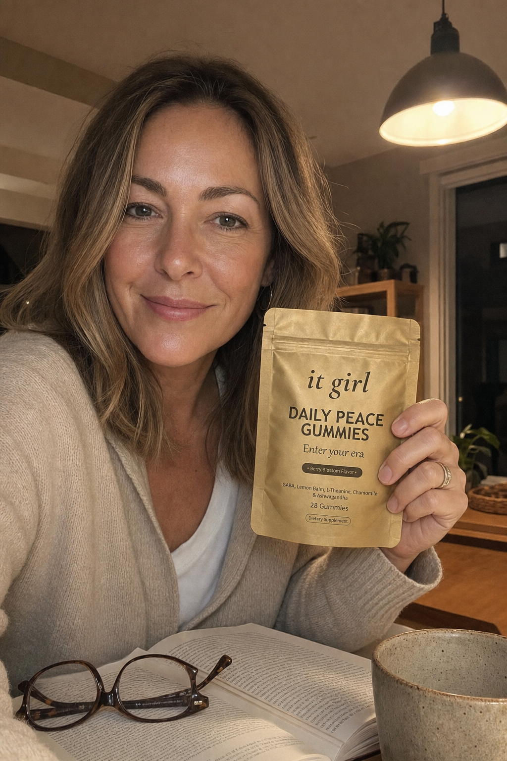 Maya Ellison, a warm licensed therapist in her 40s, holding the real It Girl Daily Peace calm gummies pouch at a softly lit kitchen table at night