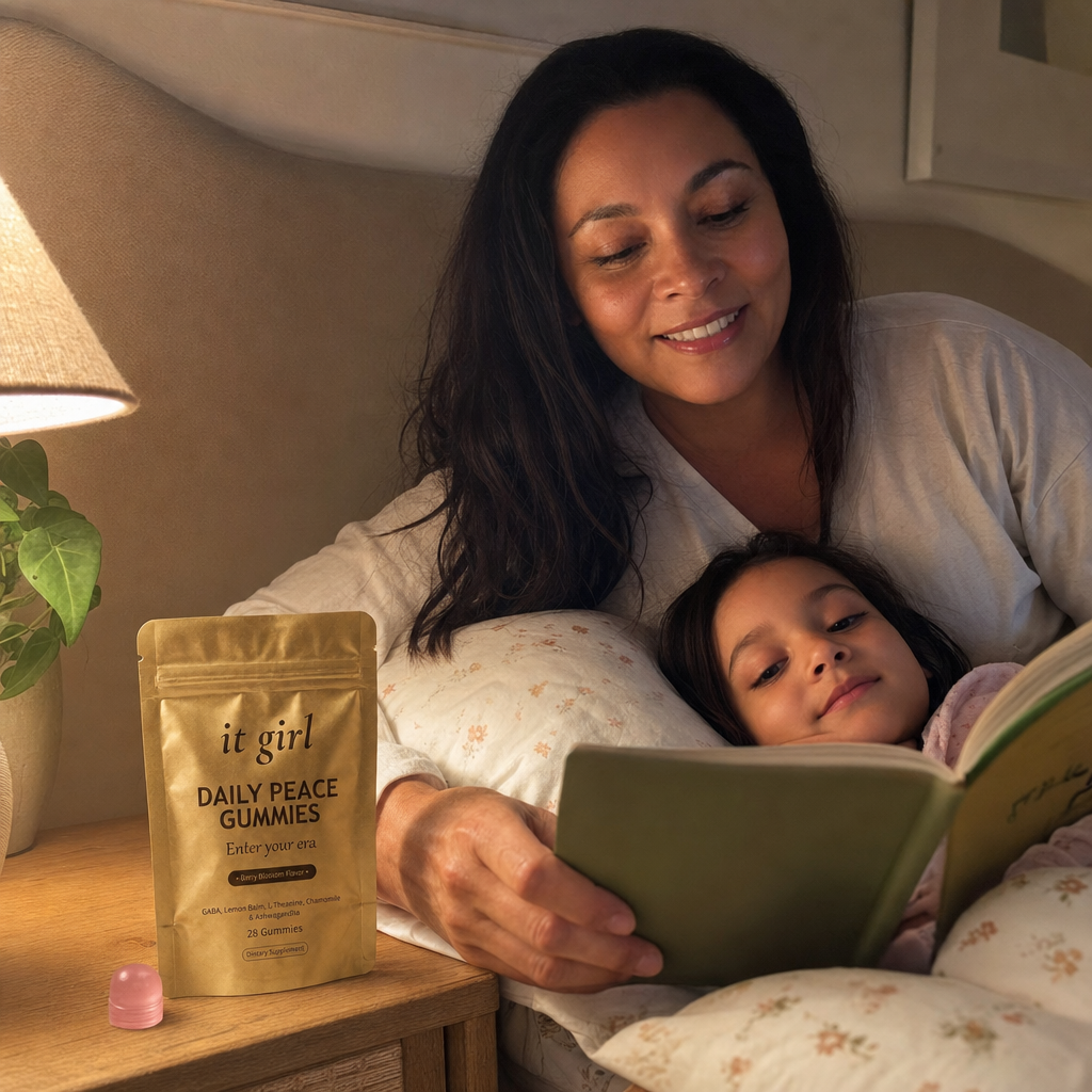 Mother in her late forties fully present at her child's bedside reading a bedtime story, calm and unhurried with no part of her already at the door, a gold Daily Peace pouch resting on the nightstand, soft warm lamplight