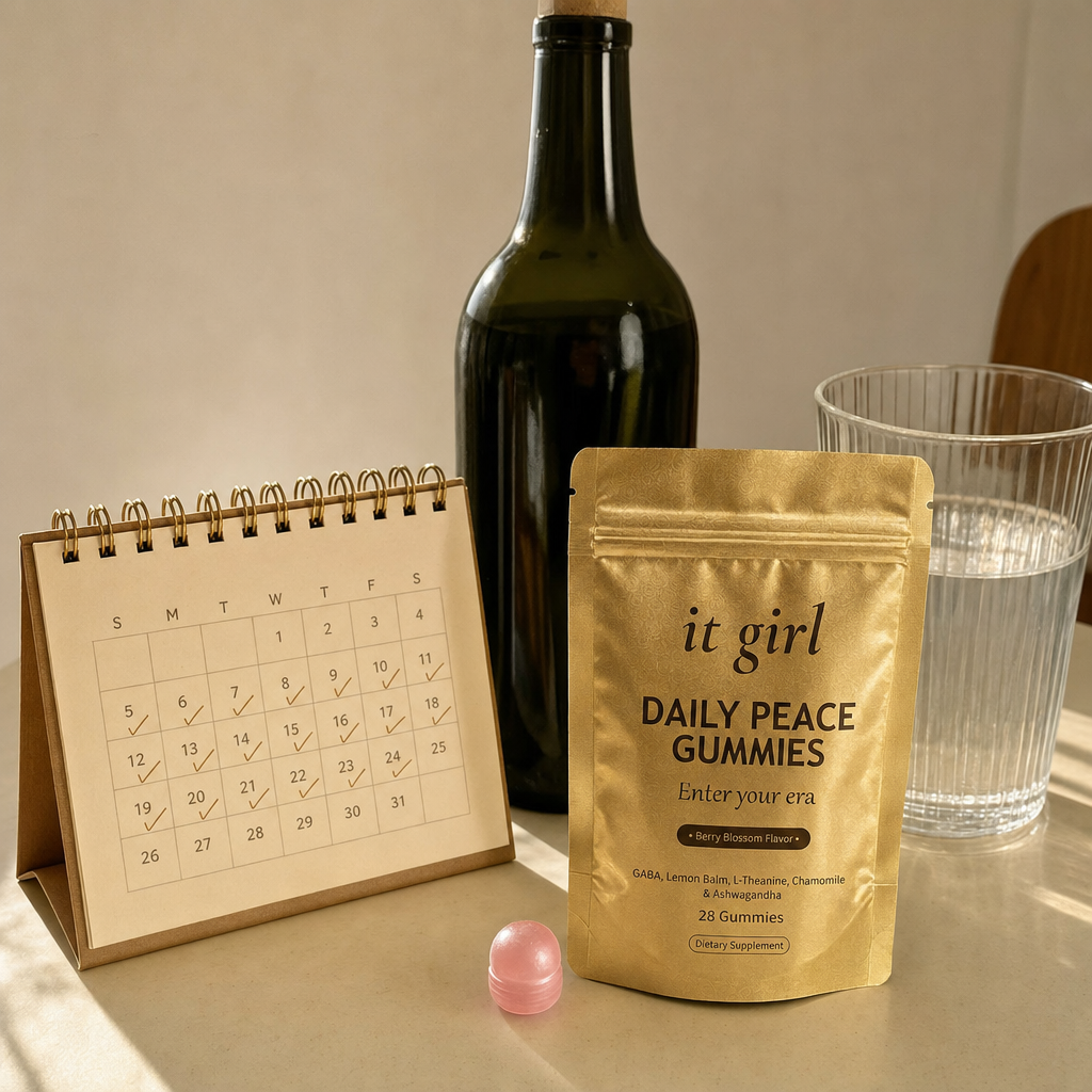 The palm-sized gold Daily Peace pouch and a month calendar beside a single corked bottle of wine, a whole month of calm for less than that one bottle