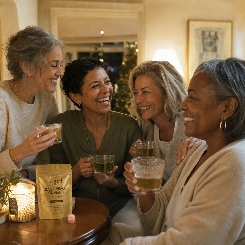 Relaxed group of women 50 to 65 with tea and water, present and laughing, the Daily Peace pouch nearby, not the only one