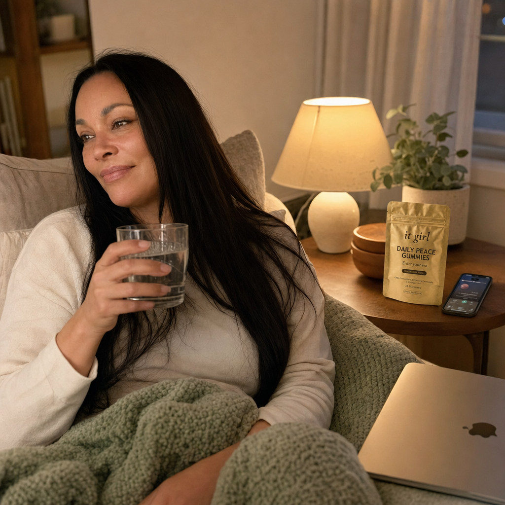 Woman about sixty on her couch at 7:43, laptop closed, water in hand, Daily Peace pouch and phone app beside her, no wine