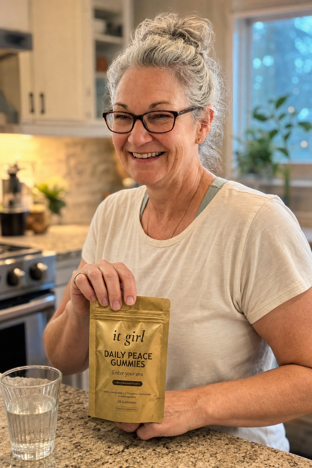 Cristina, a composed woman of about 61, calm in her early-evening kitchen with her hand resting on the gold It Girl Daily Peace pouch, no wine glass in sight