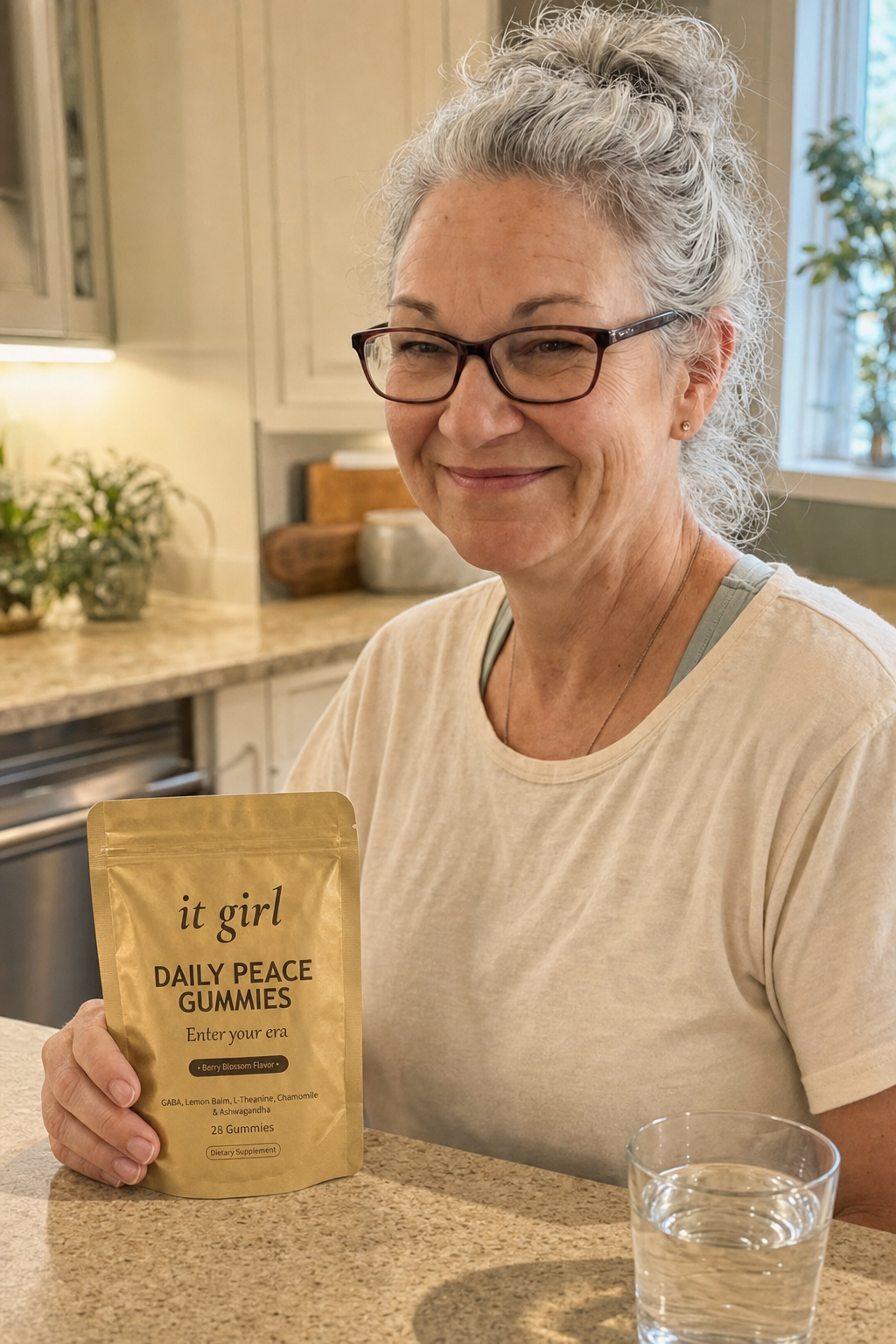 Cristina, a composed woman of about 61, calm in her early-evening kitchen with her hand resting on the gold It Girl Daily Peace pouch, no wine glass in sight