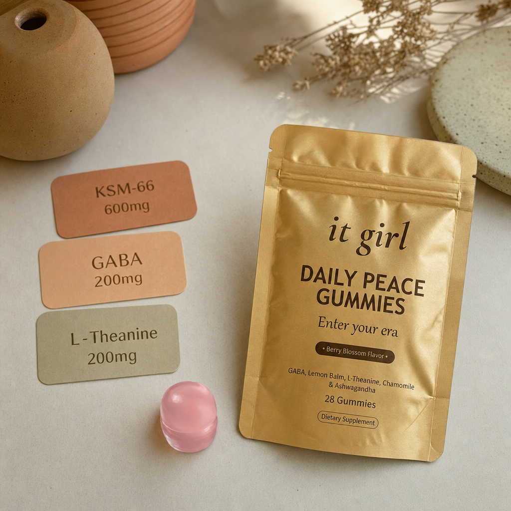 Three warm dose cards reading KSM-66 600mg, GABA 200mg and L-Theanine 200mg beside a single gummy and the gold Daily Peace pouch on a cream surface, the studied dose, no people