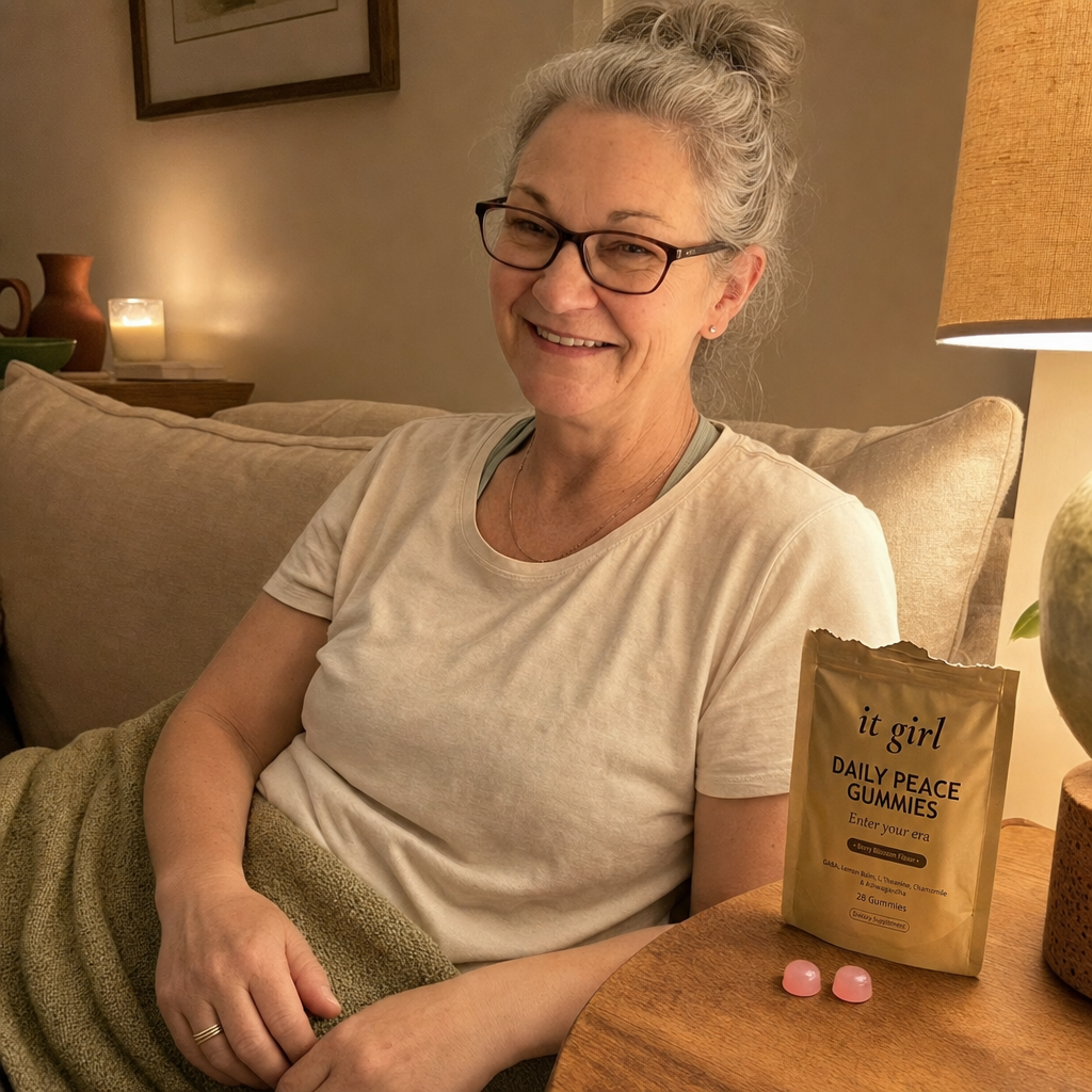 Cristina calm on her couch in the evening with the laptop closed and an open It Girl Daily Peace pouch nearby, watching instead of reaching, no wine glass