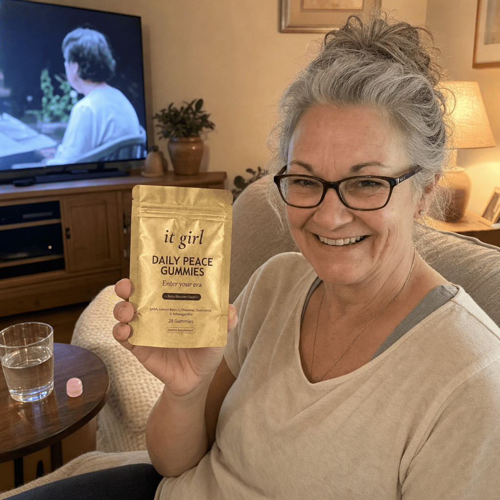 The same woman about sixty back on her own couch on a calm Tuesday night, laptop closed and actually watching the documentary, a soft real smile, the gold Daily Peace pouch and a glass of water on the side table, no wine