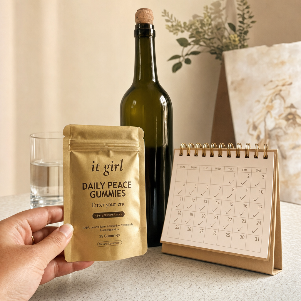 The palm-sized gold It Girl Daily Peace pouch and a month calendar beside one unbranded bottle of wine, a whole month of calm for less than one bottle