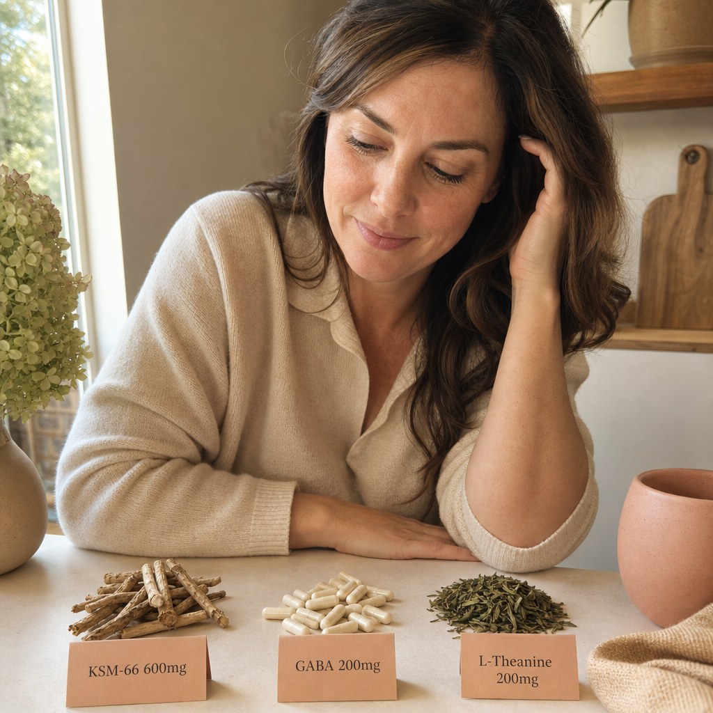 Three ingredient groupings on cream, ashwagandha root with a KSM-66 600mg card, GABA capsules with a 200mg card, and green tea leaves with an L-Theanine 200mg card, the clinically dosed blend, no product pouch