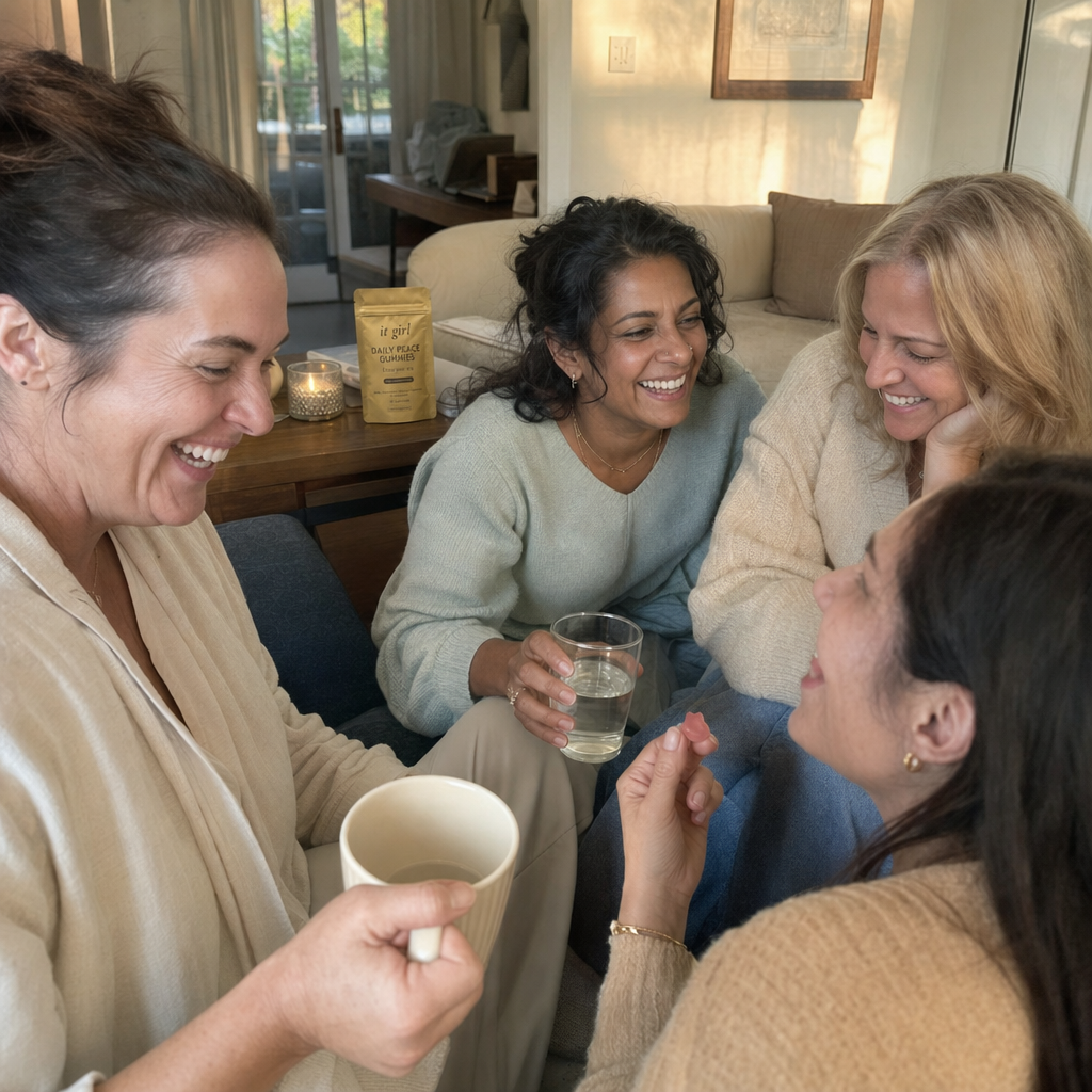 A warm candid group of women in their thirties to fifties laughing together in a sunlit living room with tea and water, a gold Daily Peace pouch resting nearby, the women who put the glass down