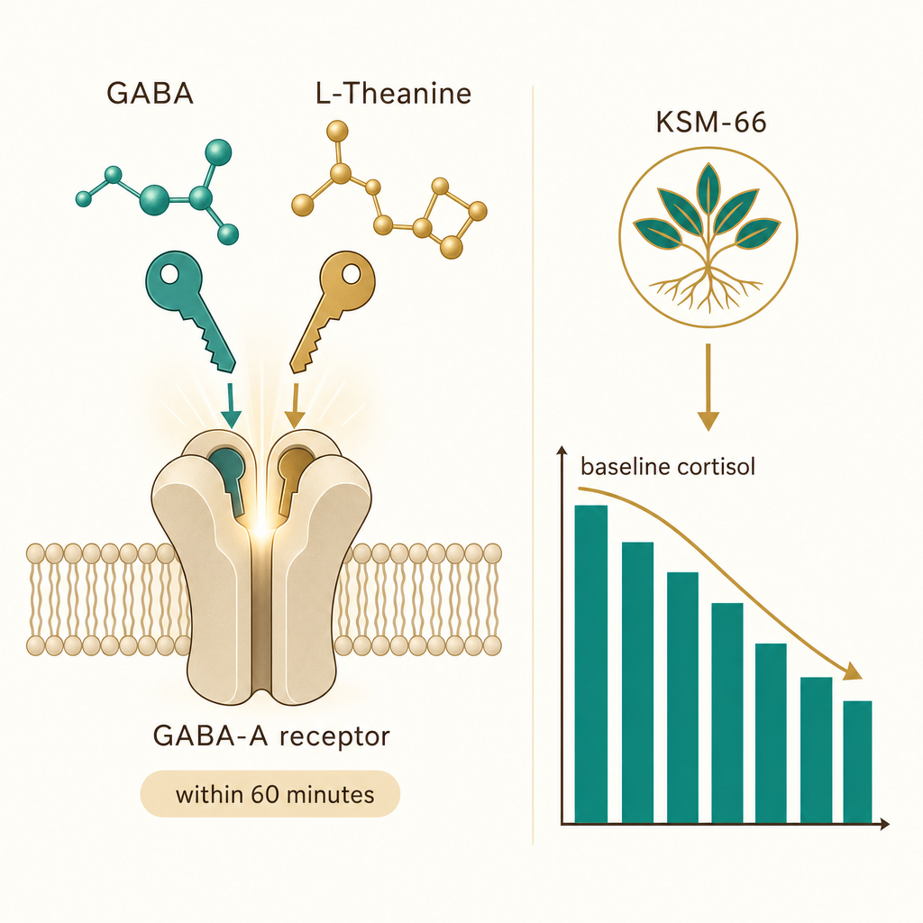 Editorial science infographic of GABA and L-Theanine molecules fitting the GABA-A receptor like keys in a lock within 60 minutes, and a KSM-66 icon lowering a baseline cortisol bar, no product and no people