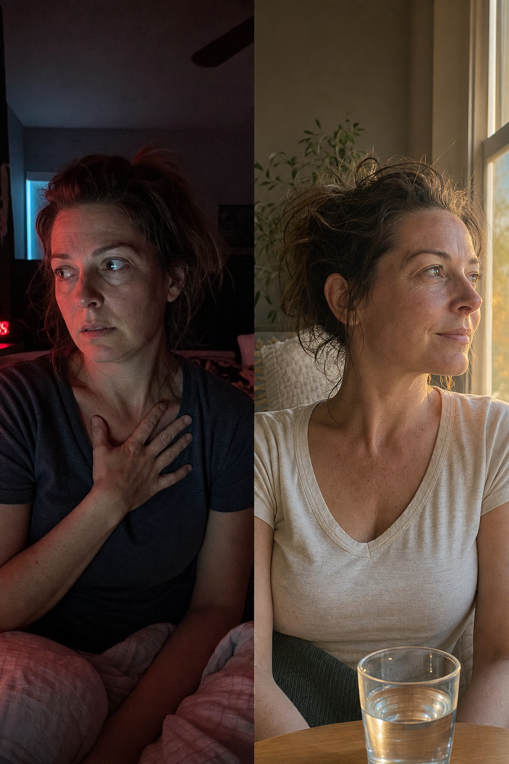 Editorial before-and-after of the same woman in her forties, on the left awake and tense at 3am in cold crimson light, on the right calm and rested in warm early-evening light, no wine and no product in frame