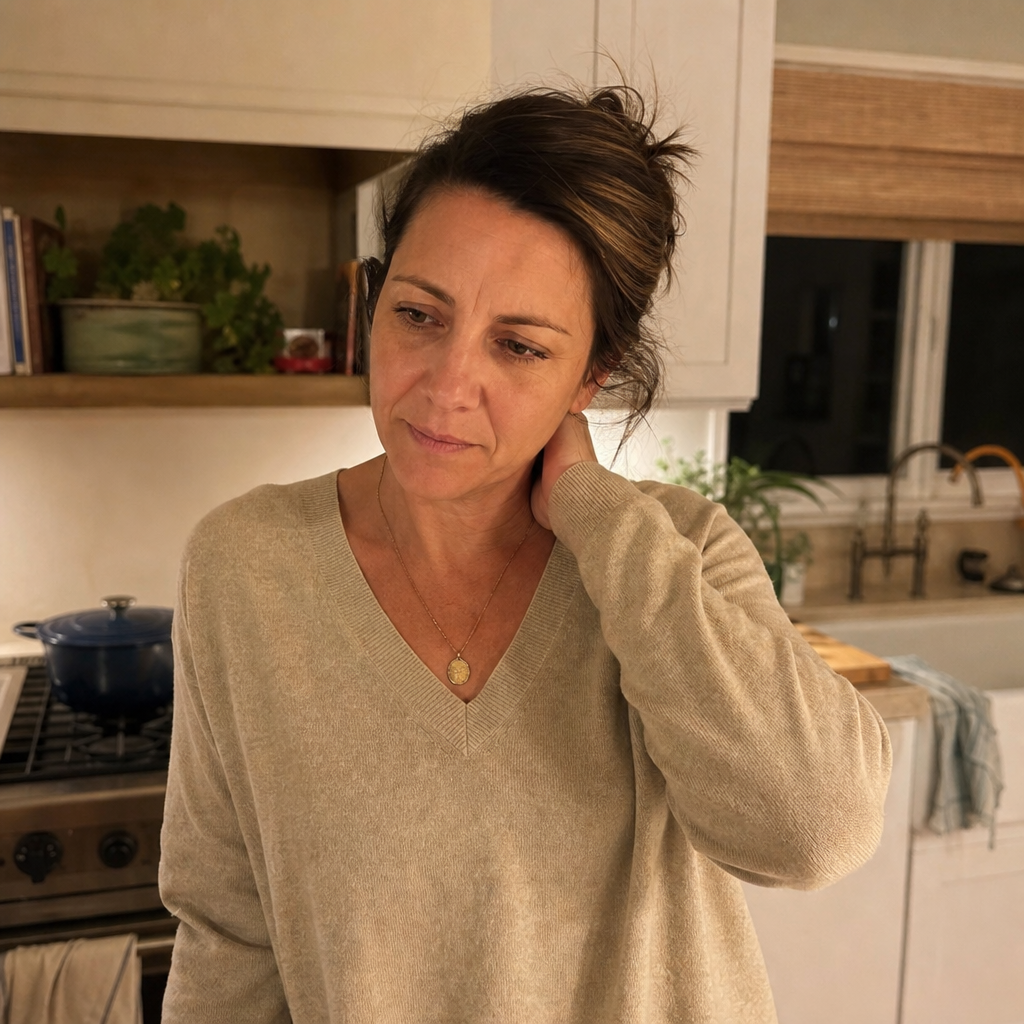 Woman in her forties at 7pm in her kitchen, shoulders heavy, the moment the evening wine pull hits, warm tired light, no glass yet and no product