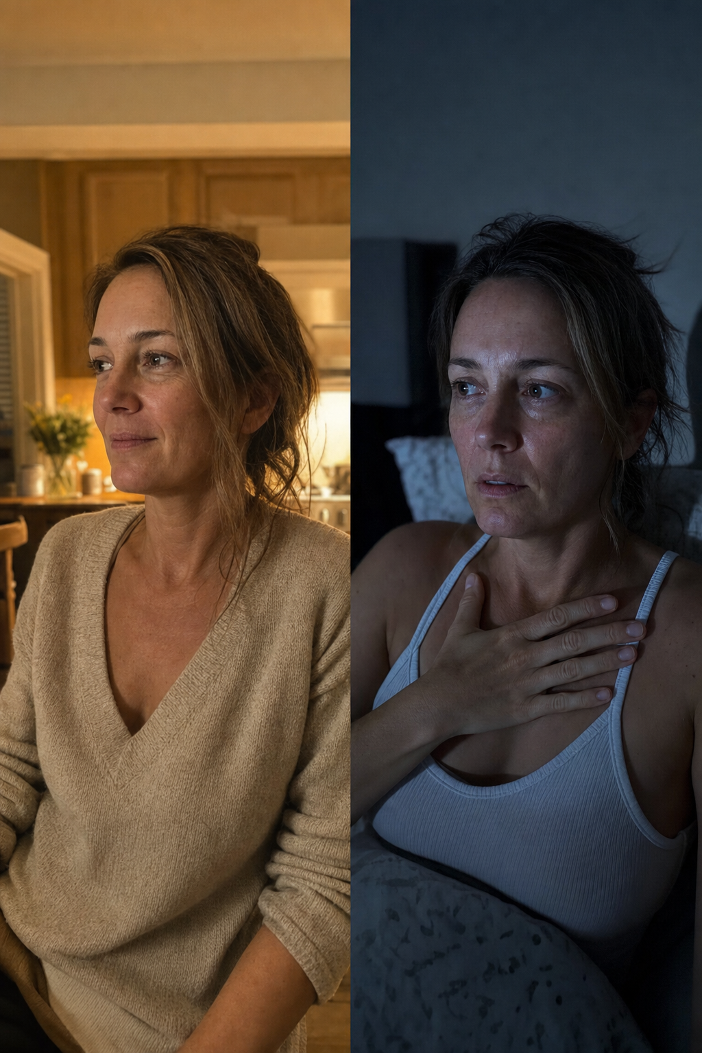 Editorial split of the same woman in her forties, left calm at 7pm in warm light, right awake and tense at 3am in cold light, showing the 7pm relief and 3am wake-up are one event, no product in frame