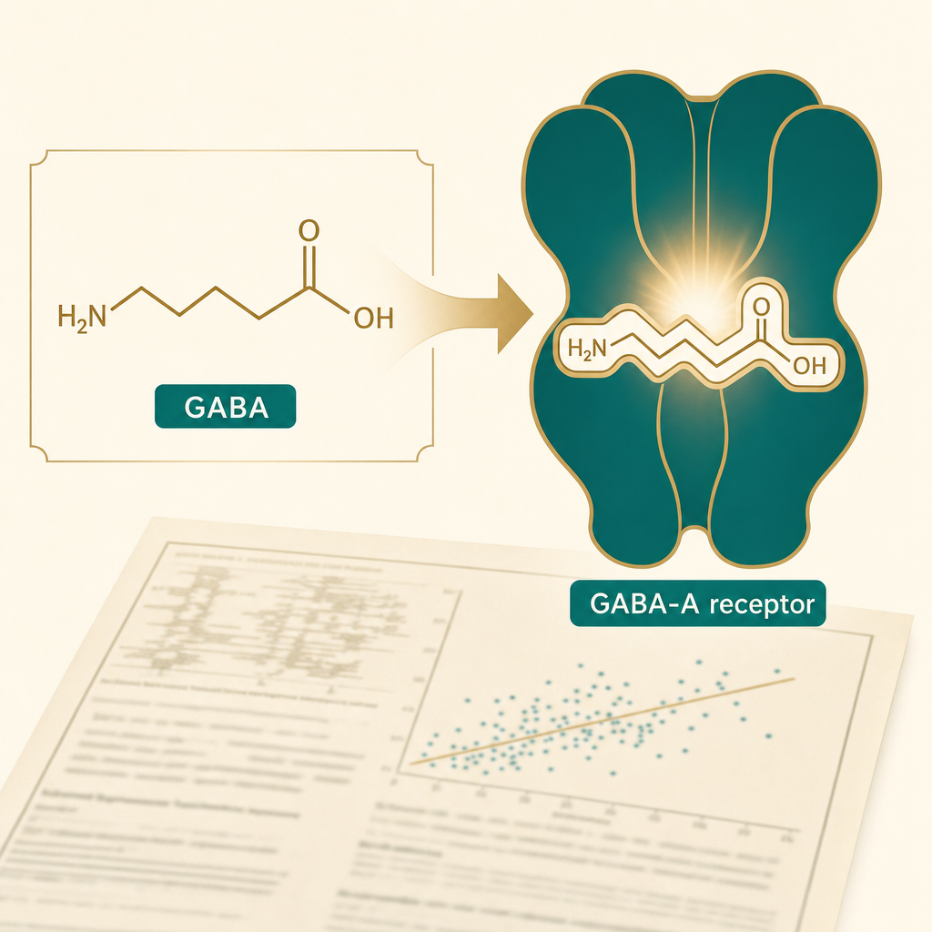 Editorial science visual of the GABA molecule fitting the GABA-A receptor like a key in a lock, over a faint Columbia-style research page, no product and no people, the molecule that does what wine does