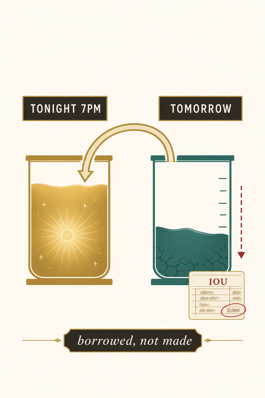 Editorial concept graphic: a glowing 'TONIGHT 7PM' calm reservoir being filled by a siphon arrow drawing from a draining 'TOMORROW' reservoir, labeled 'borrowed, not made', no people and no product