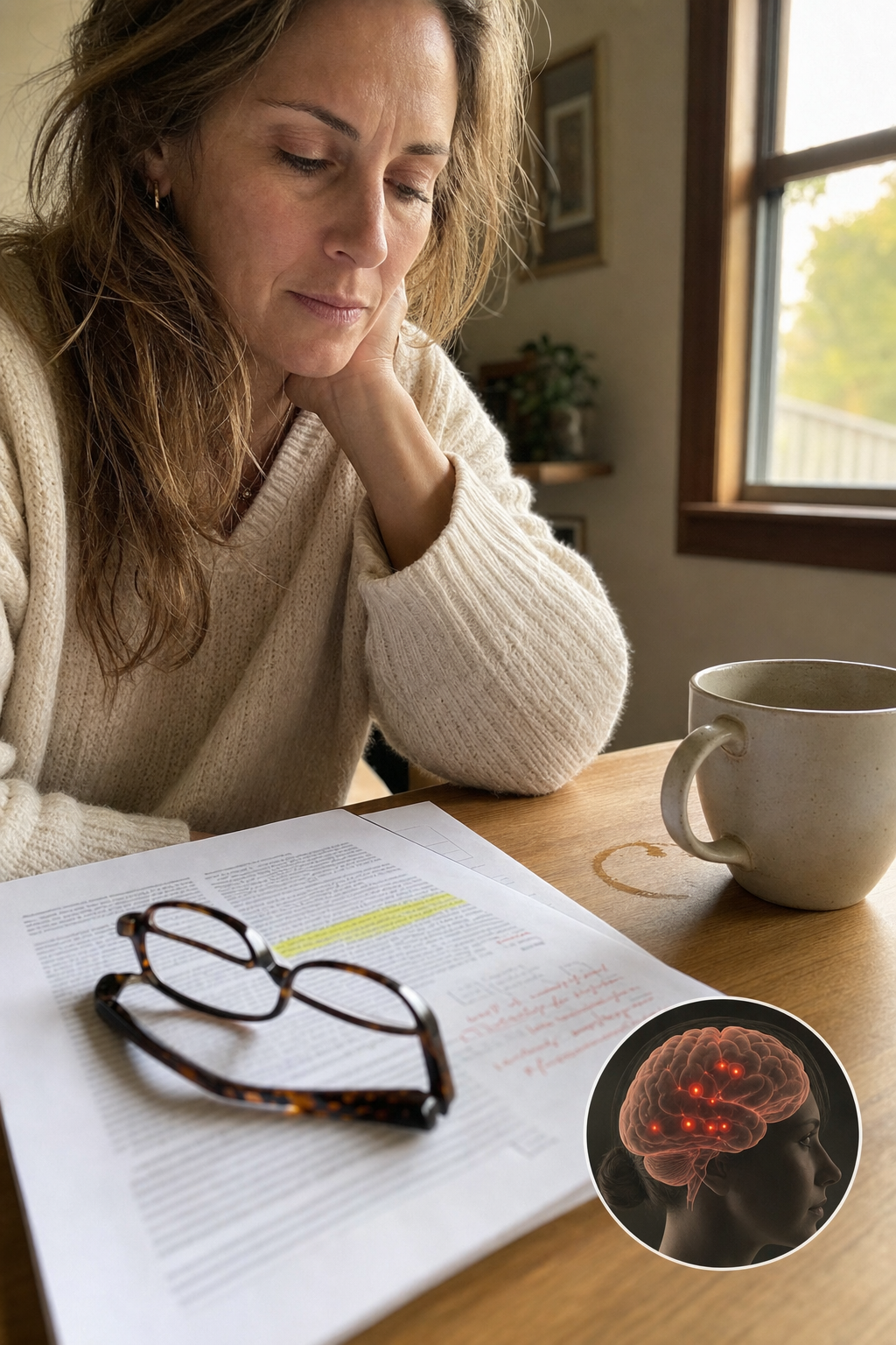 Warm investigative-desk editorial still of an annotated research journal page softly out of focus with reading glasses and a small red GABA-A receptor inset, no wine and no product in frame
