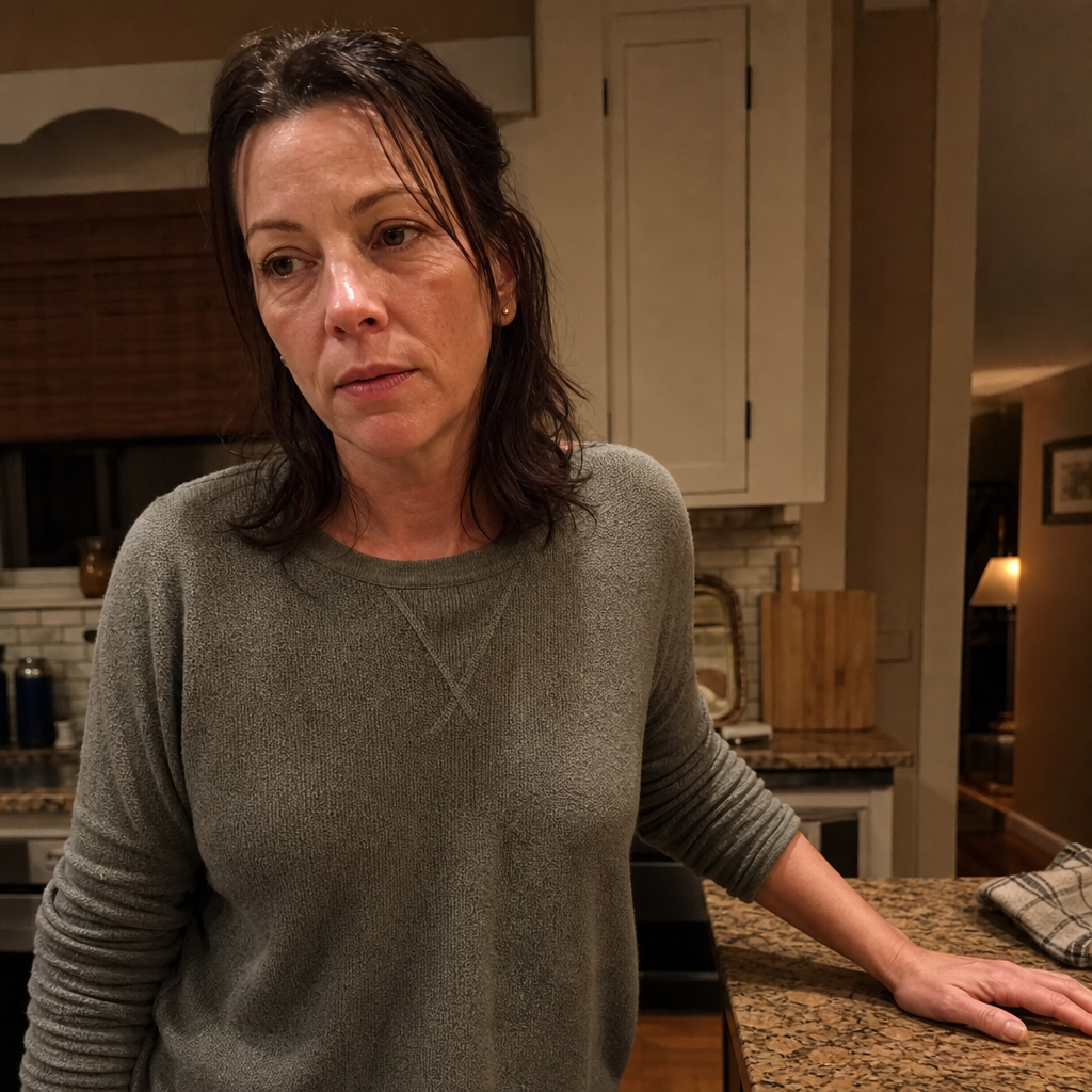 Woman in her forties at 7pm in a warm kitchen at the moment the evening pull hits, shoulders heavy, no glass yet and no product