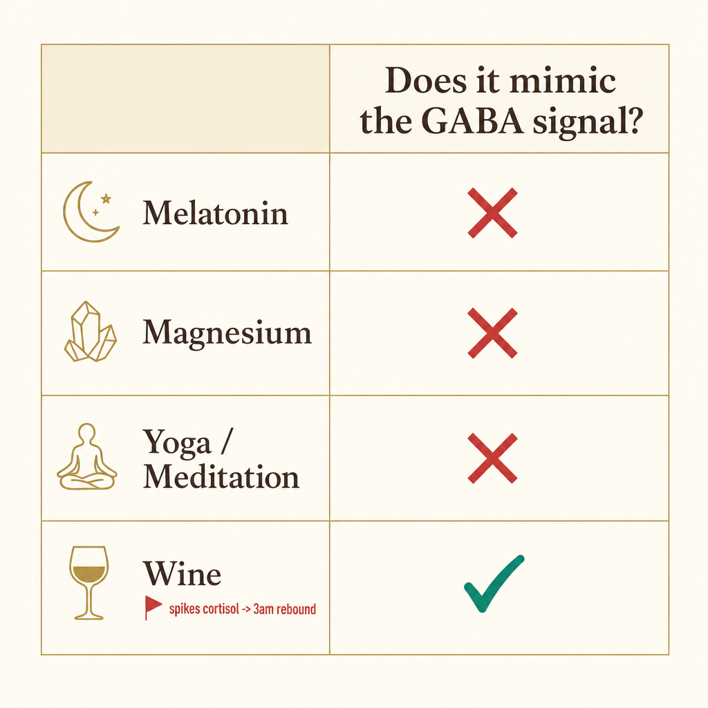 Warm editorial comparison chart asking 'Does it mimic the GABA signal?' with red X's beside Melatonin, Magnesium and Yoga/Meditation and a green check beside Wine flagged 'spikes cortisol, 3am rebound', no It Girl product