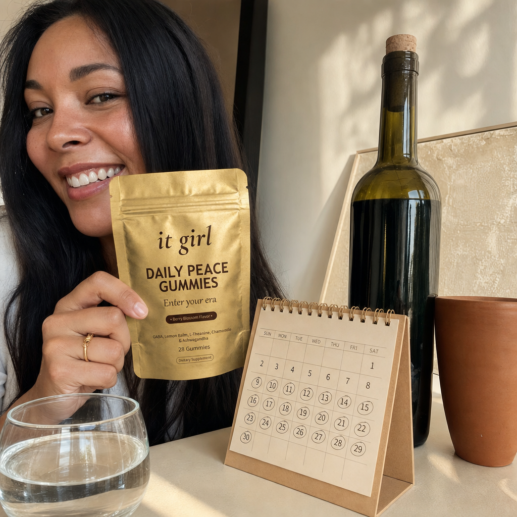 The palm-sized gold Daily Peace pouch beside a month calendar and a single corked bottle of wine, a whole month of calm for less than that one bottle