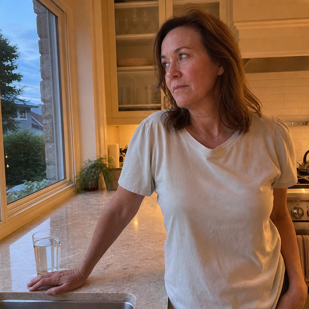 Woman in her late forties at her kitchen window in the early evening, the moment the wine pull would hit, looking tired but reaching for nothing yet