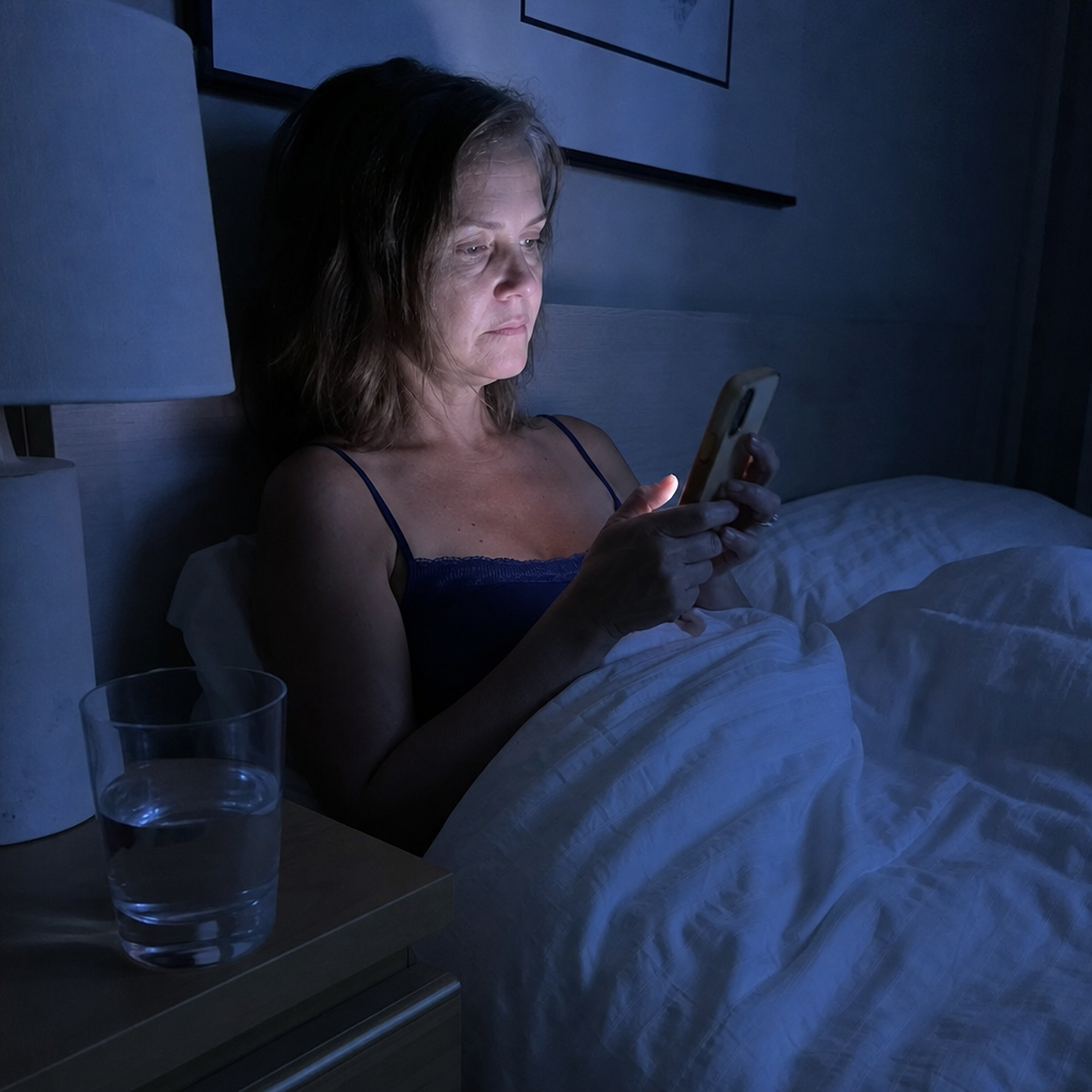 Cold cyan 3am bedroom, a woman sitting up awake against the headboard with phone glow on her face, the wine rebound wake-up