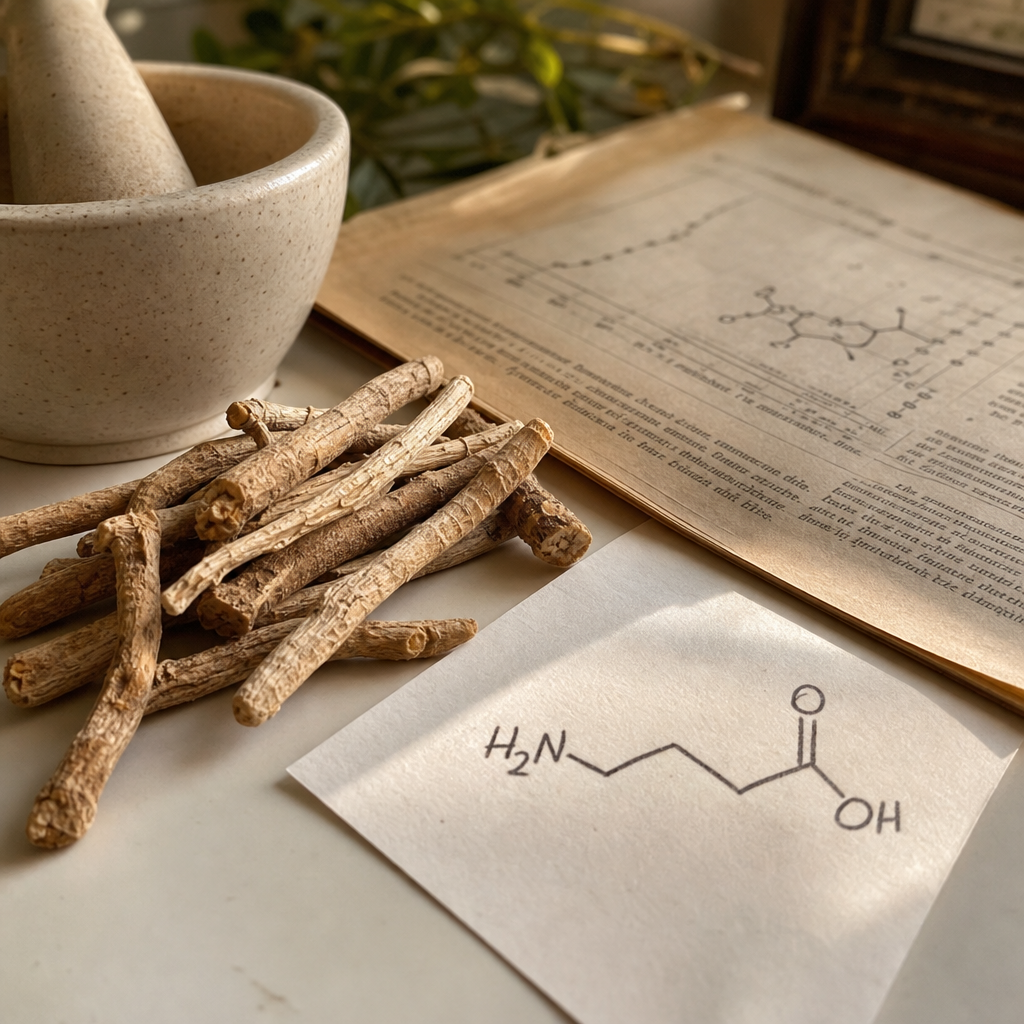 Dried ancient ashwagandha root beside an aged research page and a hand-drawn GABA molecule card, a compound used for calm for thousands of years rediscovered by research