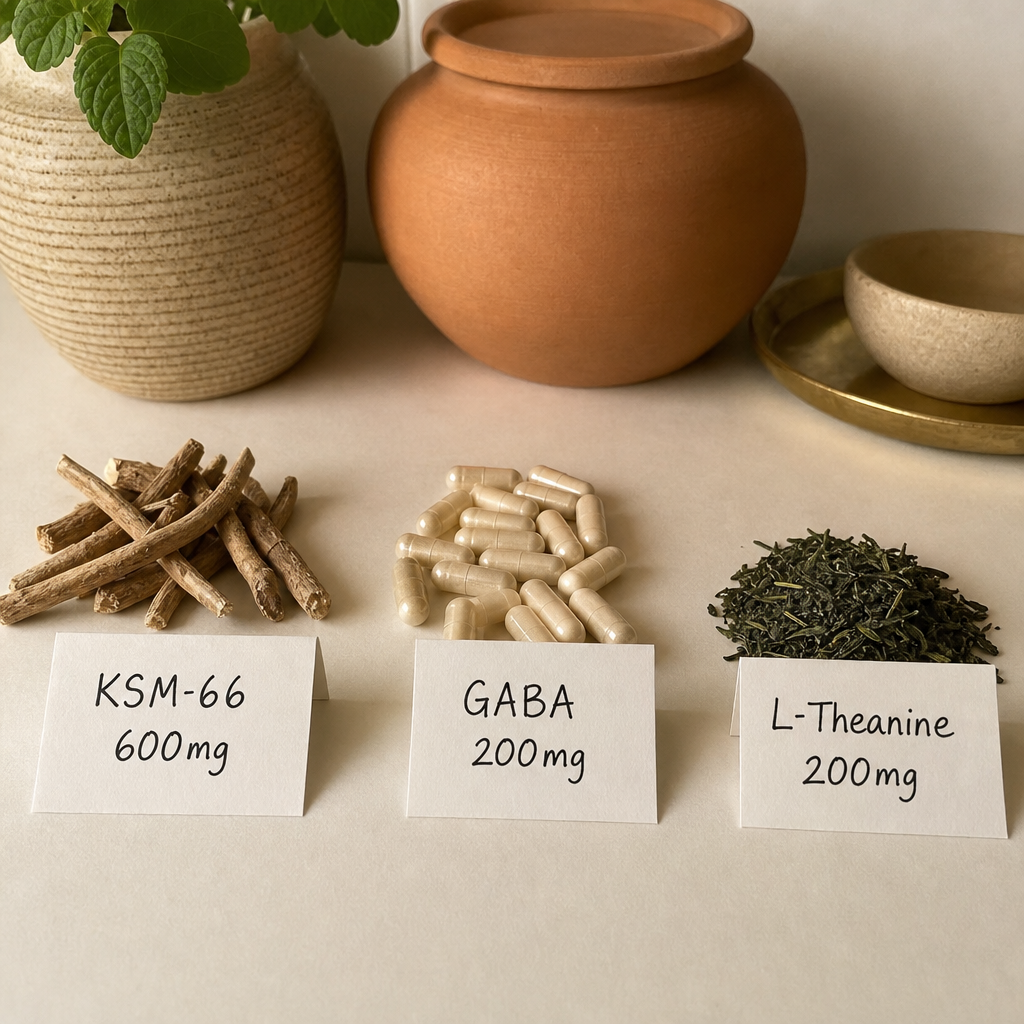 Three ingredient groupings on cream, ashwagandha root with a KSM-66 600mg card, GABA capsules with a 200mg card, and green tea leaves with an L-Theanine 200mg card, no product pouch
