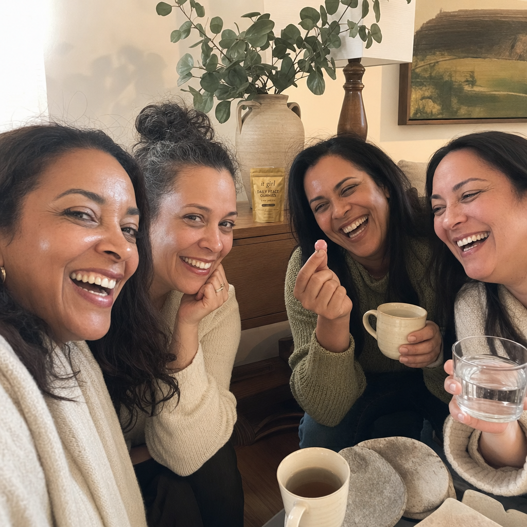A relaxed group of women in their late thirties to fifties laughing together in a warm living room with a Daily Peace pouch resting nearby
